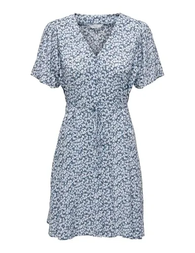 ONLY Blusenkleid ONLEvida - Drapiert und Floral in Blau - Kleid für Damen, aus 100% Viskose, mit floralem Design und raffinierter Drapierung, ideal für elegante Anlässe oder den Alltag.