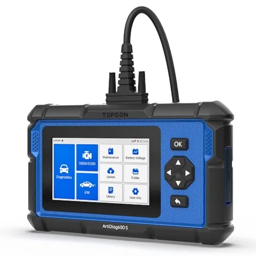 TOPDON AD600S OBD2-Scanner – Professionelles Autodiagnose-Tool für Motor/ABS/SRS/Getriebe, 9 Zurücksetzungsfunktionen inkl. Öl/Bremse/BMS/DPF/Injektor-Codierung, lebenslange kostenlose Updates