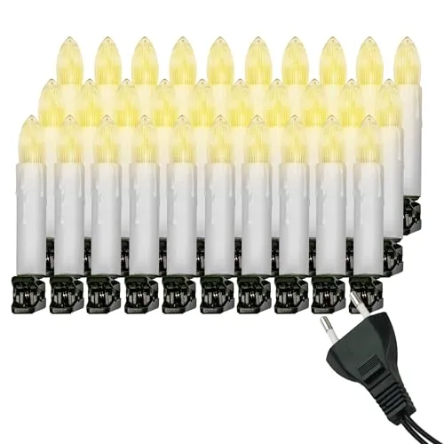 Retro Weihnachtsbaum-Lichterkette mit LED Filament Kerzen, klassische Baumbeleuchtung mit austauschbaren E10 Leuchtmittel, Weihnachtsbeleuchtung für Innen, nostalgie (weiß, 30 Kerzen - ca. 14,5 m)