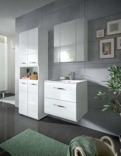 Badezimmer-Set >Ice< in Weiß / Weiß Hochglanz - 135x185x46cm - Stilvolle 3-teilige Badkombination mit großzügigem Stauraum. Hochwertige MDF-Front und durchdachtes Design verwandeln Ihr Badezimmer in einen modernen Rückzugsort. Pflegeleicht und langlebig!