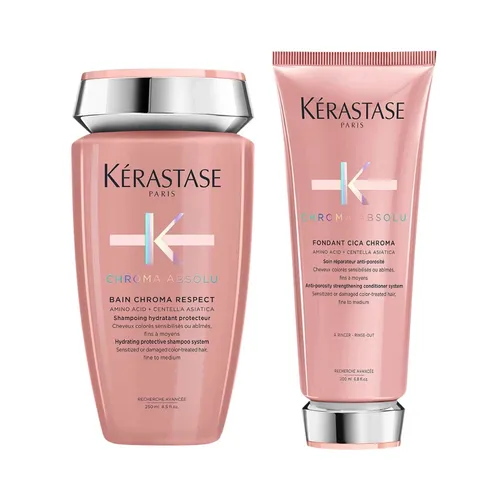 Kérastase Chroma Absolu Set Bain Respect 250ml - Fondant Cica Chroma 200ml - Pflegeset für alle Haartypen mit speziellen Formeln für coloriertes Haar. Ideal für die tägliche Anwendung zur Unterstützung der Haarpflege und -struktur.