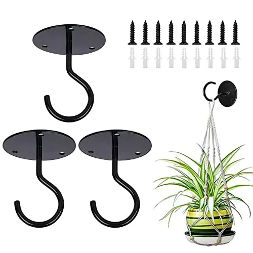 3PCS Deckenhaken zum Aufhängen von Pflanzen, Wandhalterung aus Metall S Pflanzenaufhänger mit Schrauben und Ankern zum Aufhängen von Pflanzenkörben, Laternen, Windspielen, Vogelhäuschen (Black)