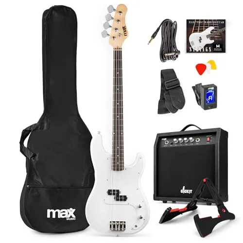 MAX GigKit Bassgitarre Set, E Bass Gitarre, Bass Guitar mit Gitarrenverstärker, Tasche, Stimmgerät, Plektren, Ständer, Gurt, Kabel und Ersatzsaiten - 21 Bünde - Weiß