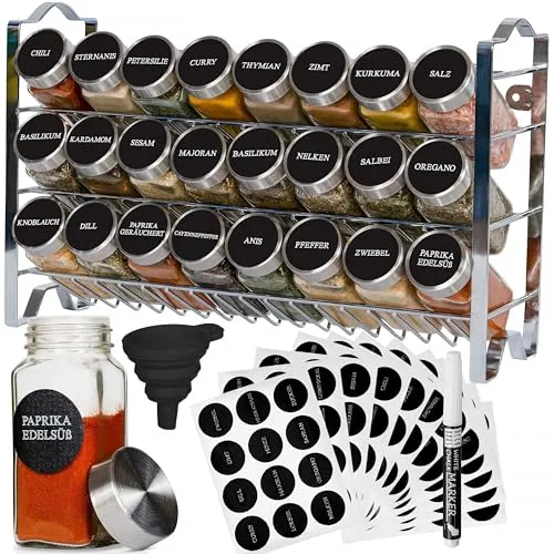 Deco haus® Gewürzregal mit Gläsern - Praktisches Set für Ihre Gewürze - Gewürzregal mit 24 Gläsern und Zubehör, ideal für eine ordentliche Küche. Komplett montiert und platzsparend, bringt es Ordnung und Übersichtlichkeit in Ihre Gewürzsammlung.