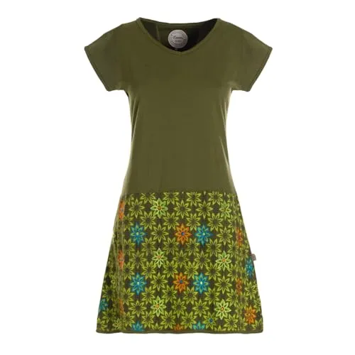 Vishes Damen Kurzarm Kleid mit Blümchen in Olive I Größe M (38) I Handgefertigt aus 100% Baumwolle I Stylisches Sommerkleid für Freizeit & Alltag I Nachhaltige Alternative Bekleidung