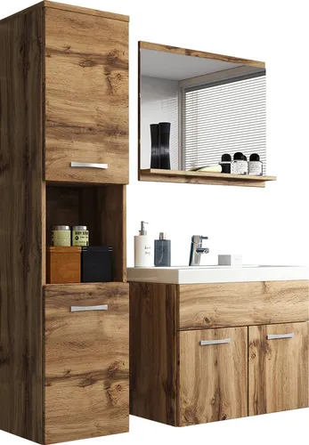 Mirjan24 Badmöbel-Set Eiche Wotan 30x132 cm - Stylisches Badmöbel-Set mit Hochschrank und Spiegel, ideal für eine platzsparende Badezimmergestaltung. Inklusive Waschbecken aus hochwertigem Material und einfacher Montageanleitung.