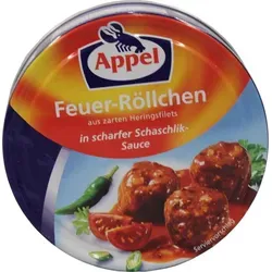 Appel Feuer Röllchen Heringsfilets in scharfer Schaschlik Sauce 200g - Fisch- & Meeresfrüchtekonserve mit würziger Schaschlik-Sauce, ideal für eine pikante Snack-Option oder als Beilage zu Ihren Gerichten.