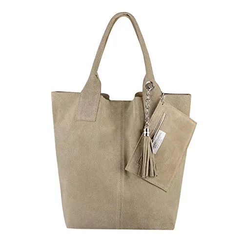 Made IN Italy Damen XXL Wildleder Shopper Tasche - Damen-Schultertaschen, aus hochwertigem Leder gefertigt, mit einzigartigem Kettenanhänger und Fransen für einen glamourösen Look. Ideal für Alltag und besondere Anlässe.