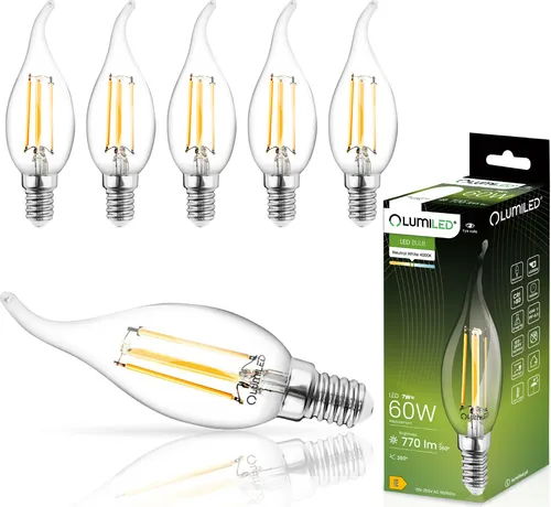LUMILED BA35 E14 LED Lampe 6 Stück Set 7W (ersetzt 60W) 770 lm Filament Glas Leuchtmittel Kerzenform Windstoß 4000K Neutralweiß Lampen 360° Kerze