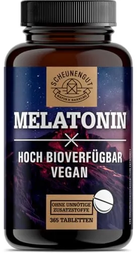 Melatonin Tabletten 365 Stk -0,5mg je 1/2 Tablette- WICHTIG: 0.5mg bioaktives Melatonin Hochdosiert je 1/2 Tablette -Optimaler Schlafkomplex- Laborgeprüft und Vegan DE Scheunengut®