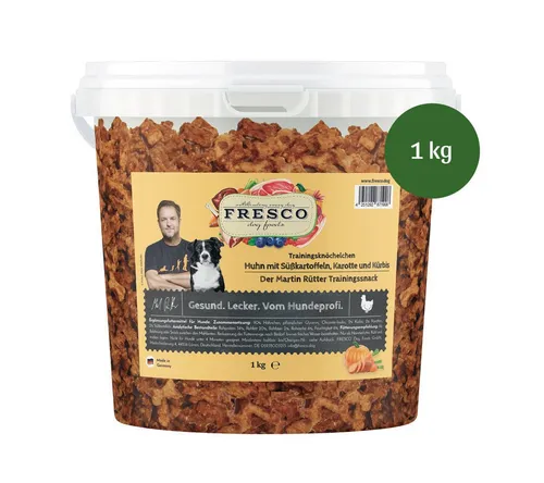 Fresco Martin Rütter Trainingsknöchelchen Huhn mit Süßkartoffeln - Leckeres Trockenfutter für Hunde, reich an 90% Hähnchenfleisch, ideal für Training und Belohnung. Mit wertvollen Zutaten wie Süßkartoffeln und Karotten für eine schmackhafte Ergänzung.