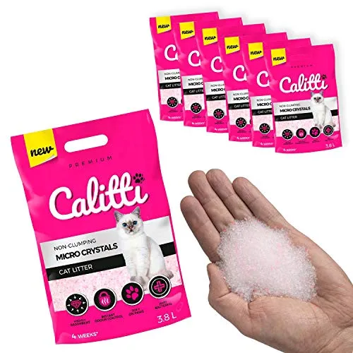 Calitti Micro Silikat Katzenstreu - Premium Crystals 4-er Set - Katzenstreu für 16 Wochen, antibakteriell und staubfrei. Das ultrafeine Silikat sorgt für optimale Geruchskontrolle und schont empfindliche Katzenpfoten.