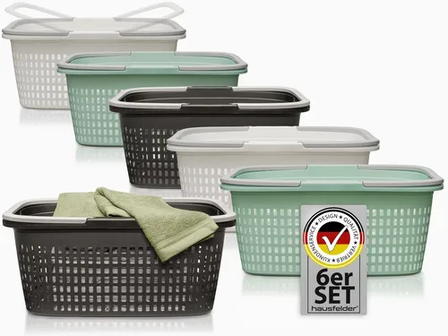 Hausfelder Wäschekorb Wäschewanne 58x37x25cm (Farbmix, 6 Körbe, 35 l) (Set, 6 St., 6 x Wäschekörbe), mit klappbaren Henkeln, mit Griffen, 35 Liter