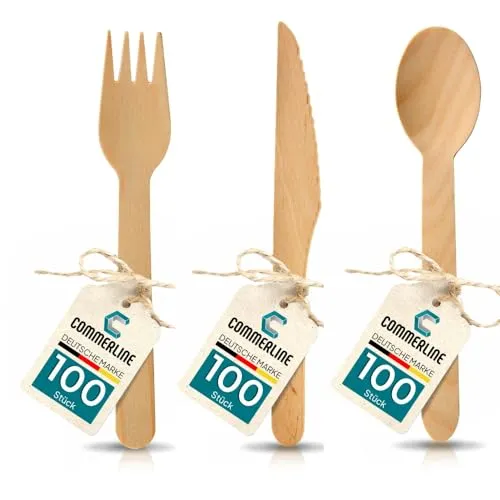 Commerline 300 Stück Einweg Besteck Set | 100 Holzlöffel + 100 Holzgabeln + 100 Holzmesser Set | Einweggeschirr Set aus Holz | Einwegbesteck Holzbesteck (100 Löffel & 100 Gabeln & 100 Messer)
