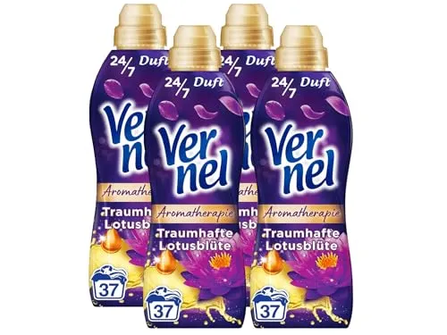 VERNEL Aromatherapie Traumhafte Lotusblüte Weichspüler 4x 37 WL (148 Waschladungen), langanhaltender Wäscheduft mit ätherischen Ölen für 24/7 Frische, recycelbare Flasche