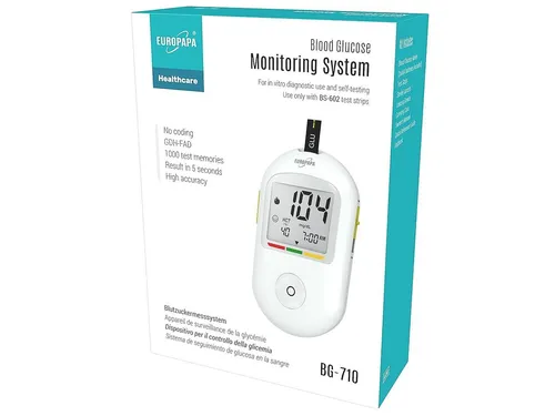 EUROPAPA® Blutzuckermessgerät BG-710 mit Teststreifen & Lanzetten - Blutzuckermessgerät für schnelle und präzise Selbstkontrolle, inkl. 50 Teststreifen und Lanzetten, speichert bis zu 1.000 Messwerte für eine umfassende Blutzuckerüberwachung.