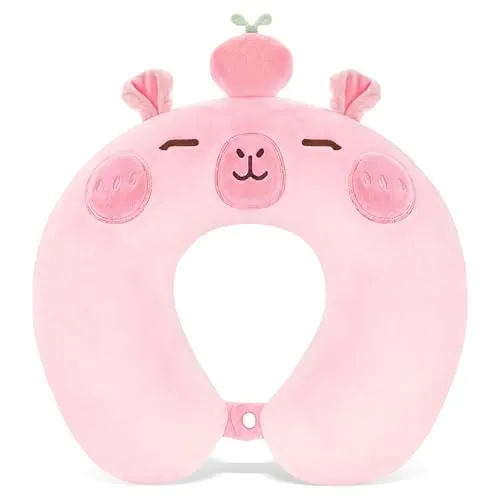 Nackenkissen Kinder, Memory Foam Reisekissen, Nackenhörnchen Cartoon U-förmiges, Travel Pillow für Kinder, Jungen, Mädchen, Teenager, Stützkissen für Auto Zug Büro Heim Flugzeug (Rosa Capybara)
