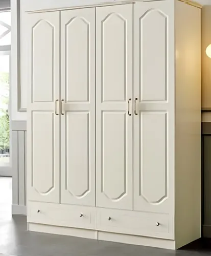 Kleiderschrank Ankleideschrank Weiß 4 Türen - Moderner Kleiderschrank mit 4 Türen und 2 Schubladen, ideal für Ihr Schlafzimmer. Maße: 164 x 62 x 204 cm, aus hochwertigem Holz, sorgt für ordentliches Verstauen Ihrer Kleidung.