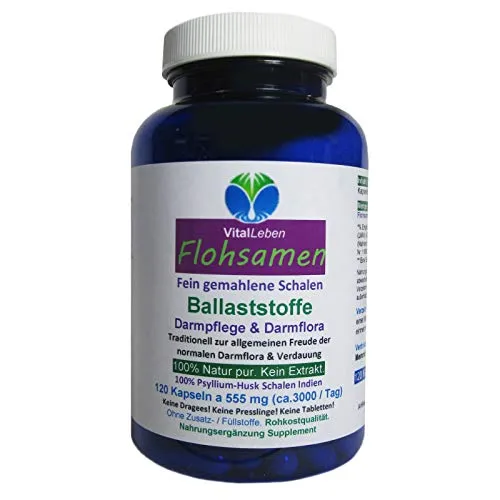 FLOHSAMEN Premium feine Flohsamenschalen INDIEN 120 Psyllium Ballaststoff Kapseln. Diät + Darmflora + Verdauung + Sattmacher NATUR pur. 26610-1