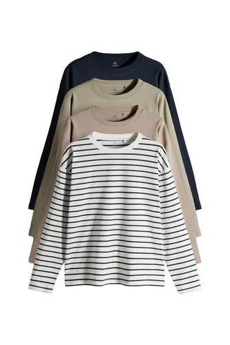 The Set Langarmshirt 4er-Pack in Blau - Schwerer Stoff, Größe L - Hochwertige Langarmshirts im 4er-Pack aus 100% Baumwolle. Ideal für jeden Tag, bequem und strapazierfähig. Erhältlich in Navy, Streifen, Neutral und Khaki.