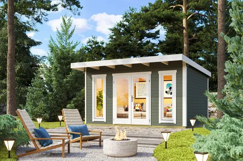 Gartenhaus Blockhaus Pultdach 44 mm Sizilien 1 grau 430x350 cm - Gartenhaus mit 13,69 m² Nutzfläche, isolierverglasten Fenstern und abschließbarer Doppeltür – ideal für Gartenliebhaber und praktische Aufbewahrung.