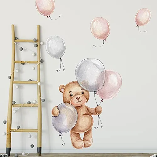 WANDKIND Bär mit Ballons Wandtattoo V271 | handgezeichnet | AUFKLEBER Kindergarten | Wandsticker Kinderzimmer Teddybär mit Luftballons Teddy Ballon (60 x 60 cm)