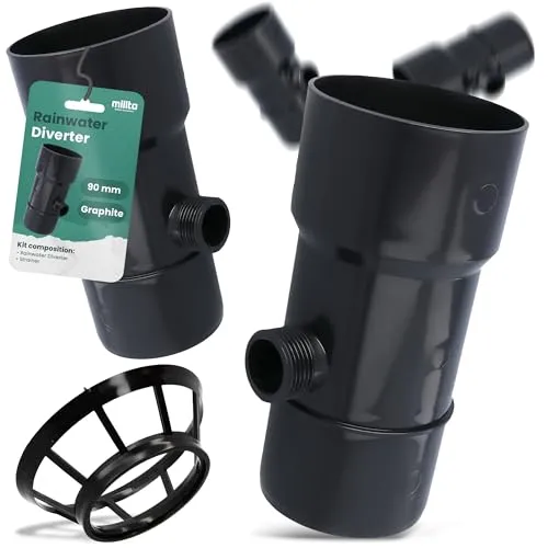 Millto™ Regensammler Dachrinnenablauf für Regentonne DN Ø90mm 1'' AG Graphit | Wasserfänger Wassersammler Regenwasser Fallrohr Regenwassersammler Fallrohrfilter Gartenschlauch Anschluss