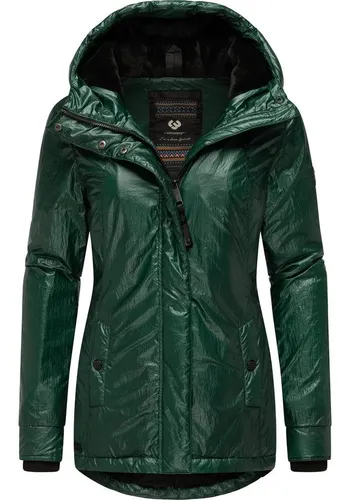 Ragwear Damen Shiny Winterjacke Monadde Bling YOUMODO Green Gr. L - Funktionsjacke mit glänzendem Oberstoff, wärmendem Teddy-Fleece-Futter und verstellbarer Kapuze - ideal für stilvolle und funktionale Outfits an kalten Tagen.