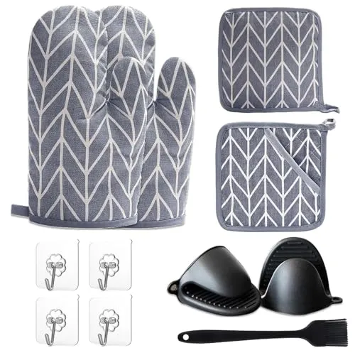 Baumwolle Ofenhandschuhe, 2 Topflappen, 2 Mini Ofenhandschuhe Silikon, Silikonbürste und 4 Haken, Hitzebeständig [bis 180°C/356°F] Topfhandschuhe Kochhandschuhe, Topflappen Set für Kochen Backen 2