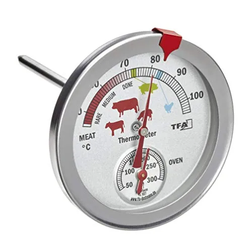 TFA Dostmann Analoges Braten-/ Ofenthermometer 14.1027, aus Edelstahl, hitzebeständig, mit verschiedenen Garstufen, zur Kerntemperaturmessung, Silber, Ø 74 x H 115 mm