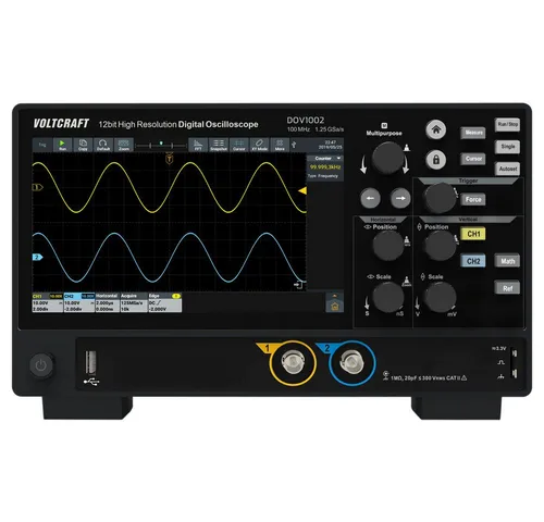 VOLTCRAFT Multimeter 100 MHz 2-Kanal 12 Bit - Spannungsprüfer mit 100 MHz Bandbreite, 12-Bit-Auflösung und intuitivem 7-Zoll-Touchdisplay für präzise Messungen und einfache Bedienung.
