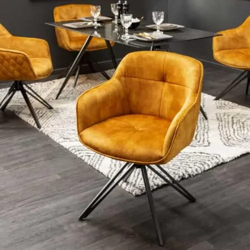 LEBENSwohnART Drehstuhl HORA Samt Ocker-gelb - Eleganter Bürostuhl im Retrostil mit hochwertigem Samtbezug. Drehbar um 180° und immer in die Ursprungsposition zurück. Ideal für stilvolle Arbeitsplätze.