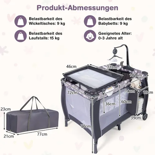 3-in-1 Reise-Babybett mit Matratze und Spielzeug, Grau