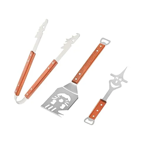 Grillbesteck Set 3-teiliges Grill Zubehör Edelstahl & Holzgriffen mit Grillwender,Grillzange,Fleischgabel – Weit verbreitet beim Grillen,Camping,in der Küche