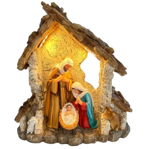 abc HOME | Große Krippenszene | Beleuchtete Stall-Szene | 23cm Polyresin Figur | 20 LEDs, Heilige Familie & Hirten