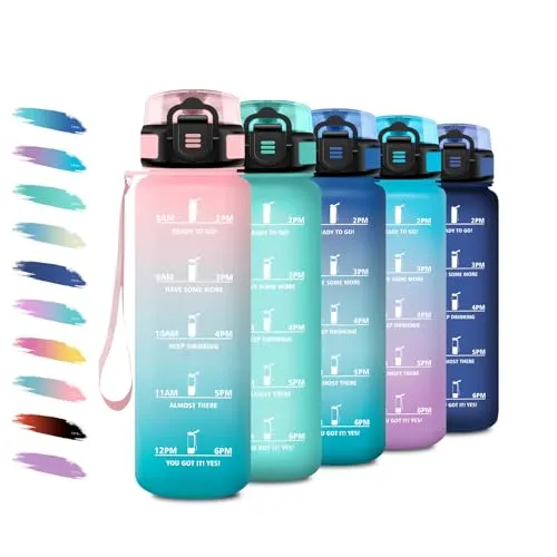 Sportflasche 1L, Auslaufsicher Wasserflasche Kohlensäure Geeignet, Trinkflasche mit Zeitmarkierung, Wasserflasche mit filter, Sport Trinkflasche für Klettern, Büro, Picknick, Sprudel, Wandern