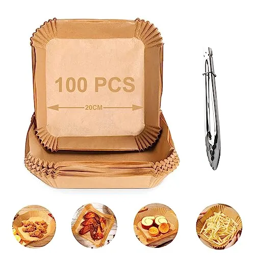Nutabevr 100 Stück Backpapier für Heißluftfritteuse und ein Clip,20cm Quadrat Airfryer Backpapier Antihaft Einwegschalen Luftfritteuse Pergamentpapier Liner für Bratpfanne Ofen Mikrowelle,ölbeständig