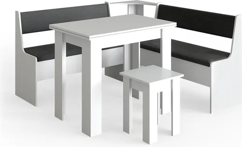 Vicco Eckbankgruppe Roman Weiß 150x150cm - Essgruppen mit kratzfester Melaminharzbeschichtung und platzsparendem Design, ideal für kleine Essbereiche. Die Tischplatte lässt sich mühelos auf die doppelte Größe ausklappen.