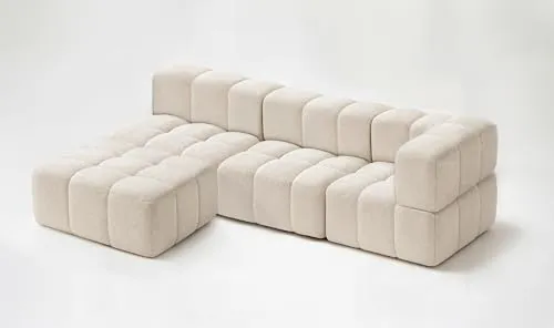DMSM Clixi Modulares Ecksofa, Gestepptes Wohnzimmer Sofa Set, Beige, Frotte Bouckle Stoff, 282x185x70 cm, Wellenfederung, Modern, Links, mit Liege, Eckmodul, Sessel