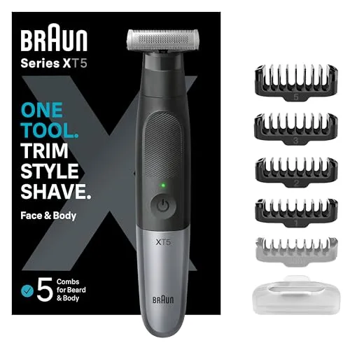 Braun Series X XT5100 Wet & Dry All-in-One Werkzeug mit 5 Aufsätzen Bartschneider Körperpfleger und Elektrorasierer für Herren, wasserdicht (XT5 Schwarz Silber); Farbe Xt5 Schwarz / Silber