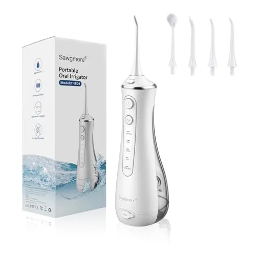 Sawgmore Munddusche Kabellos, Professionelle Elektrischer Zahnreiniger mit 4 Modi und 4 Ersatzdüsen, USB wiederaufladbar, IPX7 wasserdicht, Zahnreinigung, ideal für Zuhause und auf Reisen