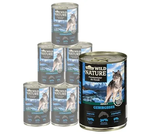 Dehner Wild Nature Hundefutter Gebirgssee, Nassfutter getreidefrei / zuckerfrei, für ausgewachsene Hunde, Lachs / Huhn, 6 x 400 g Dose (2.4 kg)
