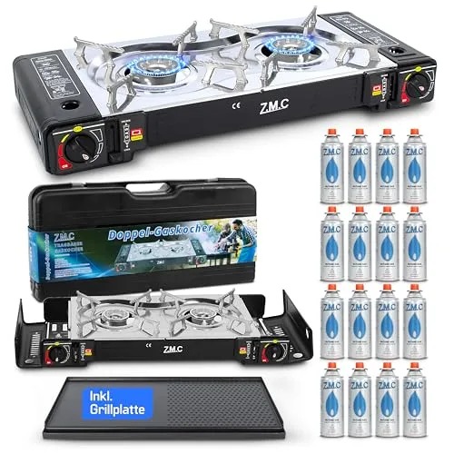 ZMC Camping Gaskocher 2-flammig inkl. Adapter für LPG Anschluss + Grillplatte 45x24 cm + 16 Gaskartuschen 227g + Aufbewahrungskoffer, Campingkocher mit Piezozündung für Outdoor und Innenraum