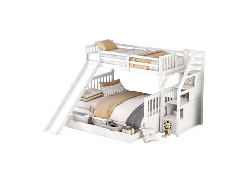 Odikalo Kinderbett Etagenbett Schubladen Stauraum Rutsche Treppe Weiß/Grau 90/140*200cm