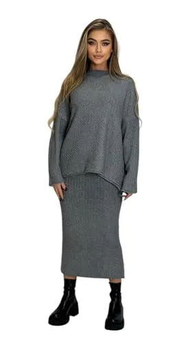 Mississhop 395 Damen Strickset mit Pullover Rock Strickpullover Strickrock Grau