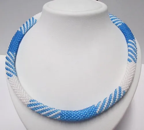 Häkelkette in weiß und Türkis mit 925/- Schließe