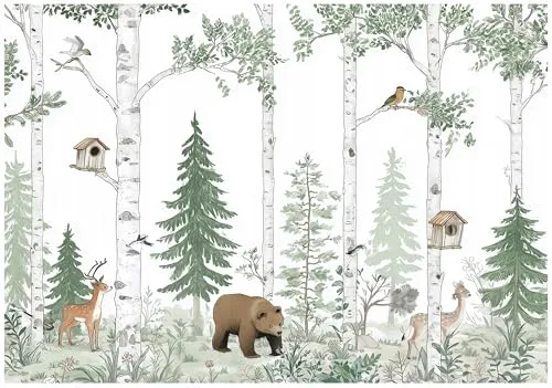 WallArena - Vlies Fototapete Kinderzimmer 250x175 cm Wald Tiere - Fototapeten Tapeten für Kinder Mädchen & Jungen - Kindertapete - Kinderzimmertapete weiß grün Landschaft