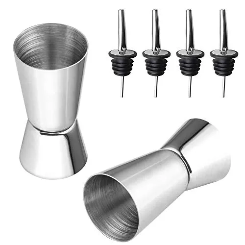 AFASOES 2 Stück Barmaß mit 4 Stück Flaschenausgießer Kleiner gin cl Messbecher Rostfreier Edelstahl Cocktail Maß Jigger Doppelmaß für Bar Party Gin Wein, Drink Shaker Cocktailmixer (20/50ml)