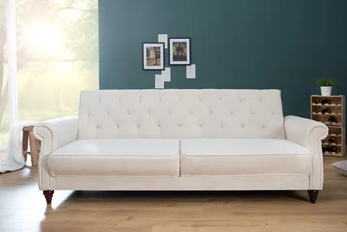 Chesterfield 3er Sofa Maison Belle AFFAIRE 220cm - Elegantes Chesterfield Sofa aus Strukturstoff mit Schlaffunktion und verstellbarer Rückenlehne, ideal für gemütliche Abende und Gästeübernachtungen.