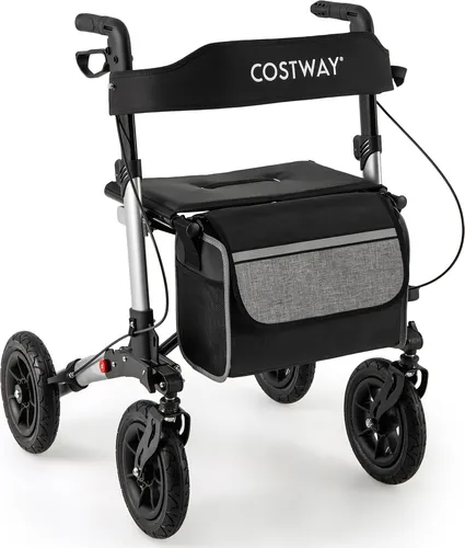 COSTWAY Rollator faltbar, 2in1 Rollstuhl & Reiserollator mit Sitz, Luftbereifung, Tasche & Stockhalter, Gehhilfe höhenverstellbar bis 140kg Silber